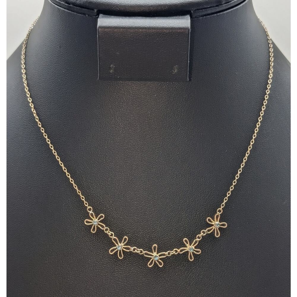 925 Sterling Silver Blue Topaz Five Flower Delicate Chain 16" Necklace